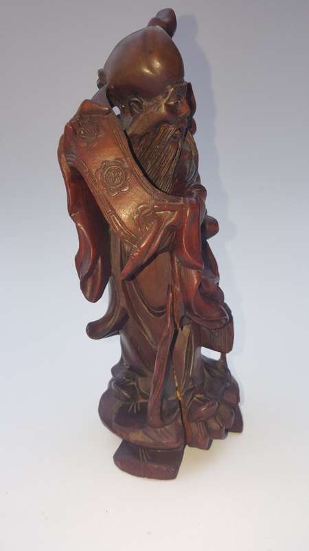 Vintage Chinese Hand Carved Wooden Man Statue Inlaid Eyes and Teeth