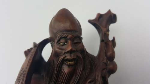 Vintage Chinese Hand Carved Wooden Man Statue Inlaid Eyes and Teeth