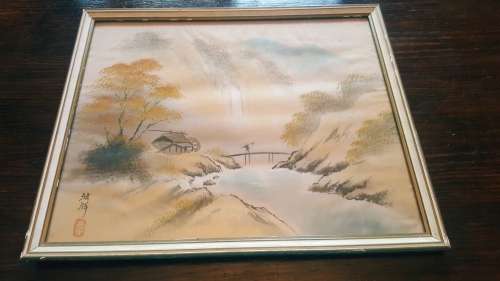 Antique Chinese/oriental Silk Painting (Village Scene) with Stamp/mark