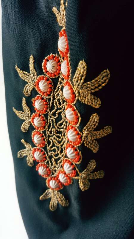 VINTAGE BLACK COCTAIL DRESS WITH PUFF SHOULDERS AND BEADED EMBROIDERY (SIZE 34 MEDIUM)