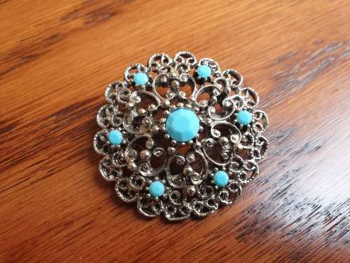 Vintage Faux Turquoise Filigree Silver Brooch Costume Jewelry