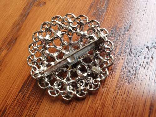 Vintage Faux Turquoise Filigree Silver Brooch Costume Jewelry