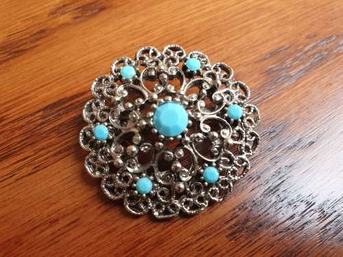Vintage Faux Turquoise Filigree Silver Brooch Costume Jewelry