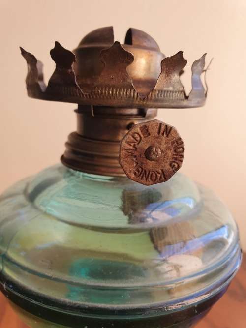 Vintage Blue Glass paraffin Oil Lamp made in Hong Kong
