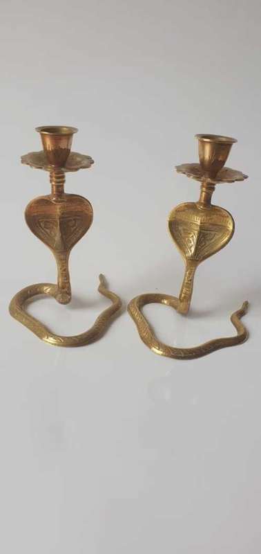 PAIR OF VINTAGE BRASS SERPENT SNAKES COBRA CANDLESTICK HOLDERS