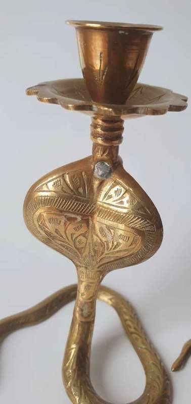 PAIR OF VINTAGE BRASS SERPENT SNAKES COBRA CANDLESTICK HOLDERS