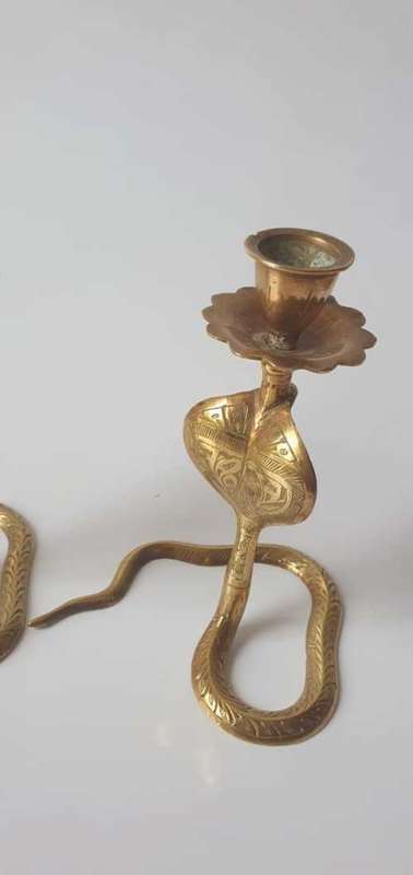 PAIR OF VINTAGE BRASS SERPENT SNAKES COBRA CANDLESTICK HOLDERS