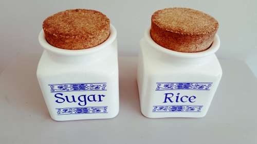 Beautiful Pair of Handpainted Taurus Porcelain Kitchen Rice and Sugar containers with Cork Lids