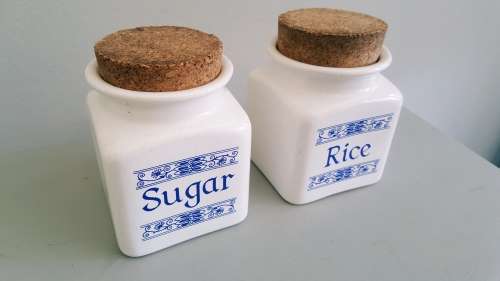 Beautiful Pair of Handpainted Taurus Porcelain Kitchen Rice and Sugar containers with Cork Lids