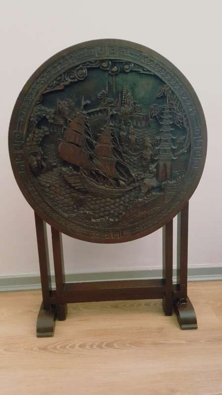 Antique Chinese handcarved wooden folding table (Chinese village/boat scene)