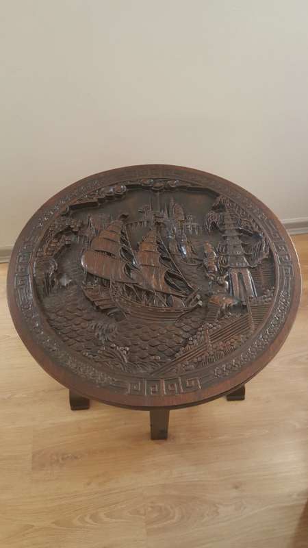 Antique Chinese handcarved wooden folding table (Chinese village/boat scene)