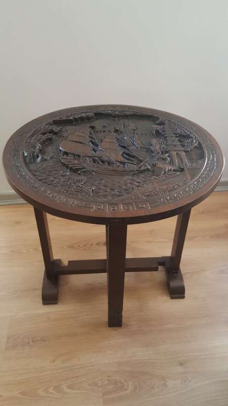 Antique Chinese handcarved wooden folding table (Chinese village/boat scene)