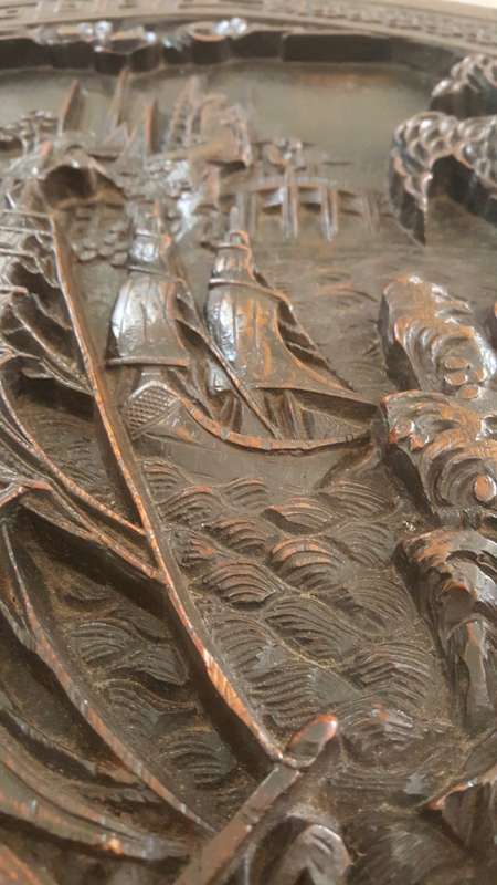 Antique Chinese handcarved wooden folding table (Chinese village/boat scene)