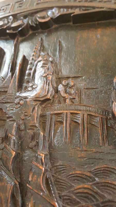 Antique Chinese handcarved wooden folding table (Chinese village/boat scene)