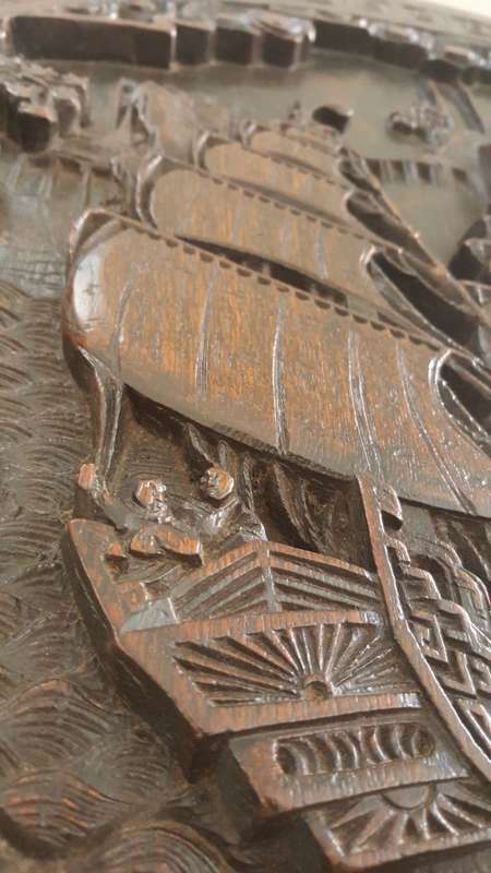 Antique Chinese handcarved wooden folding table (Chinese village/boat scene)
