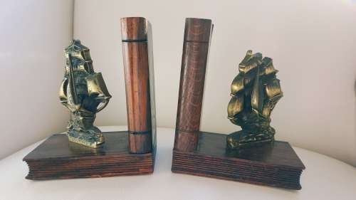 VINTAGE NAUTICAL BRASS/WOOD BOOKENDS OF THE SHIPS THERMOPYLAE / CUTTY SARK