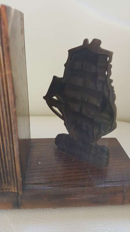 VINTAGE NAUTICAL BRASS/WOOD BOOKENDS OF THE SHIPS THERMOPYLAE / CUTTY SARK