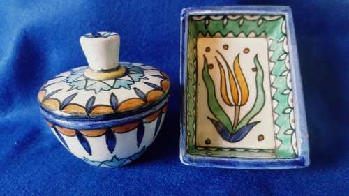 Vintage Jerusalem old Armenian Pottery Hand Painted Trinket dish and Lidded Pot