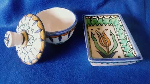 Vintage Jerusalem old Armenian Pottery Hand Painted Trinket dish and Lidded Pot