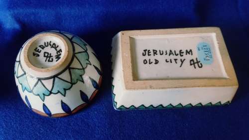 Vintage Jerusalem old Armenian Pottery Hand Painted Trinket dish and Lidded Pot