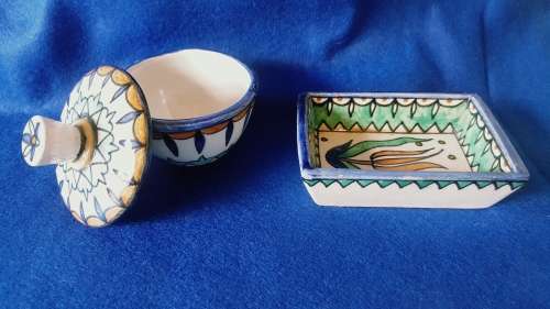 Vintage Jerusalem old Armenian Pottery Hand Painted Trinket dish and Lidded Pot