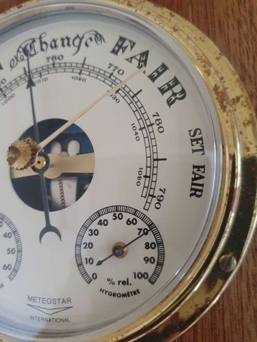 Vintage Thermometer & Hygrometer Brass Wooden Wall Plague (Made In France)