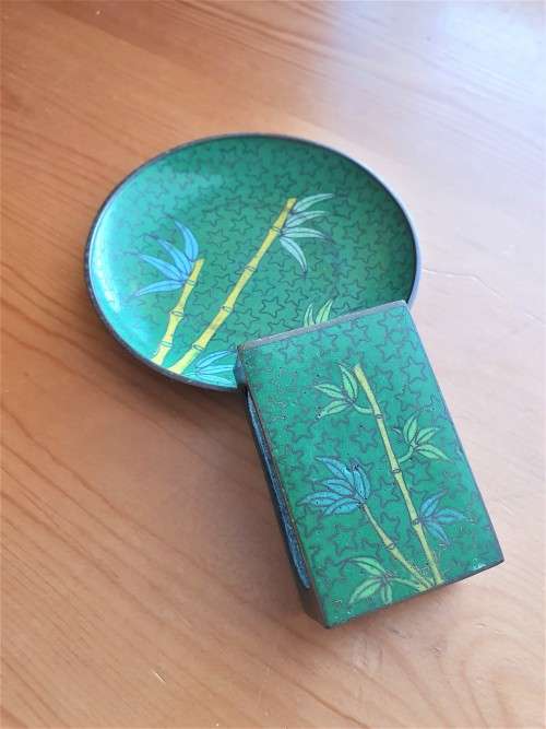 VINTAGE CHINESE CLOISONNE ON BRASS MATCHBOX MATCHES COVER AND ASHTRAY