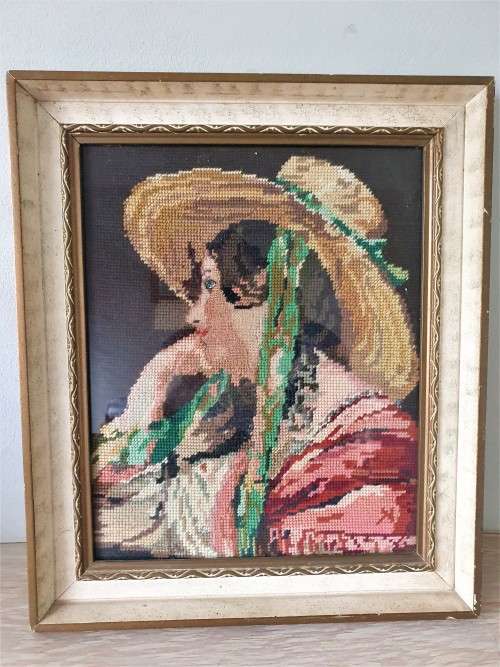 FRAMED ANTIQUE EMBROIDERY/TAPESTRY OF A 19th CENTURY COUNTRY GIRL