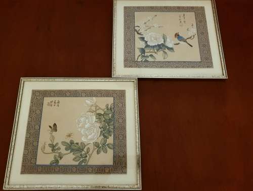 Pair of framed vintage Chinese hand painted paintings