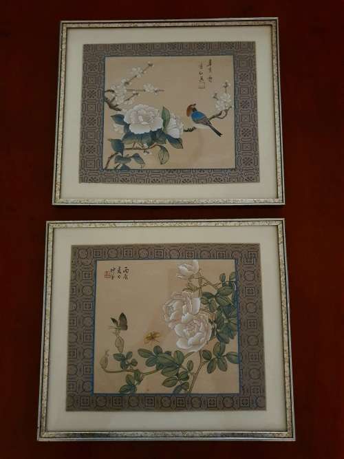 Pair of framed vintage Chinese hand painted paintings