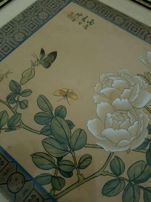 Pair of framed vintage Chinese hand painted paintings