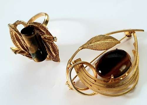 Tigers eye chatoyant gemstone Brass Ring and Brooch Set