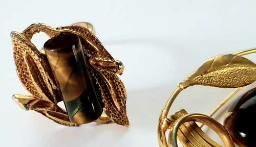 Tigers eye chatoyant gemstone Brass Ring and Brooch Set