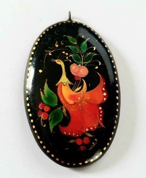 Vintage Hand Painted Russian Black Lacquer Pendant Peacock Bird Design