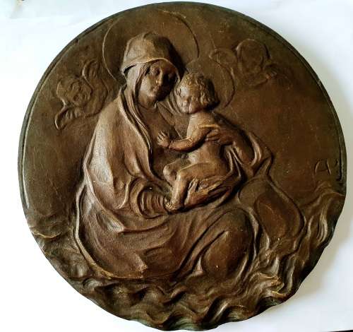 Vintage Art Solid Brass Wall Plaque of Mother and Child (signed by artist)