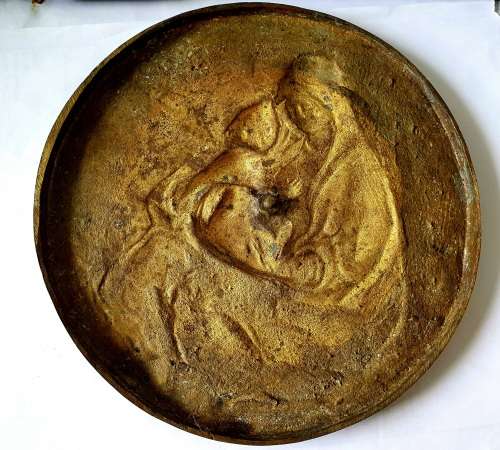 Vintage Art Solid Brass Wall Plaque of Mother and Child (signed by artist)