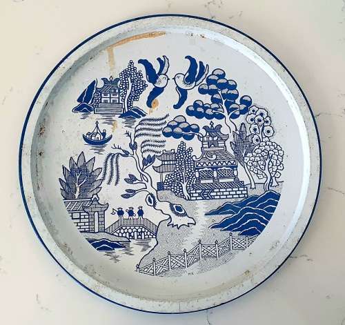 Old Blue and White Chinese Willow Metal Tray
