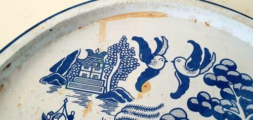 Old Blue and White Chinese Willow Metal Tray