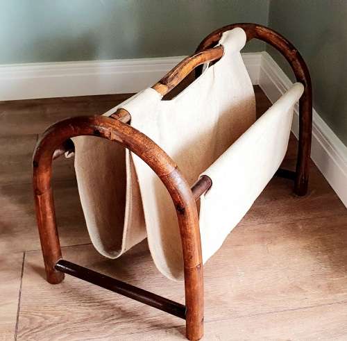 Vintage Mid-Century Bentwood Bamboo and Fabric Magazine Rack