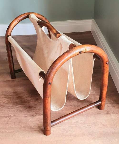 Vintage Mid-Century Bentwood Bamboo and Fabric Magazine Rack