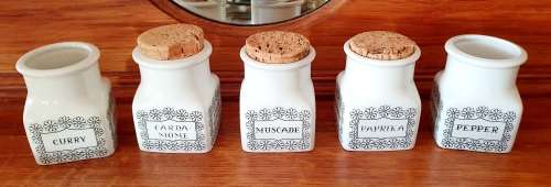 Arabia Finland Scandinavian Mid century Modern porcelain  (five/5) Spice Jars/cannisters with cork l