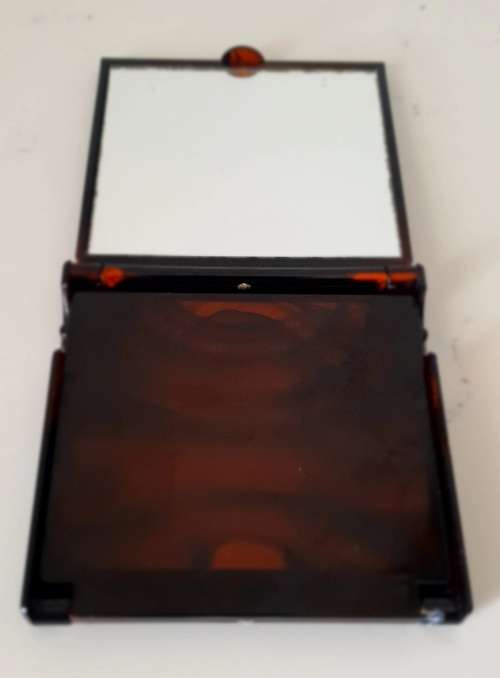 Vintage Double Sided Compact Lighted Makeup Mirror Brown Tortoise Bakelite.