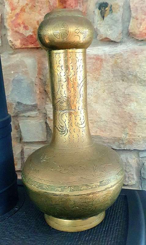 Chinese Embossed Dragon Heavy Solid Brass Vase