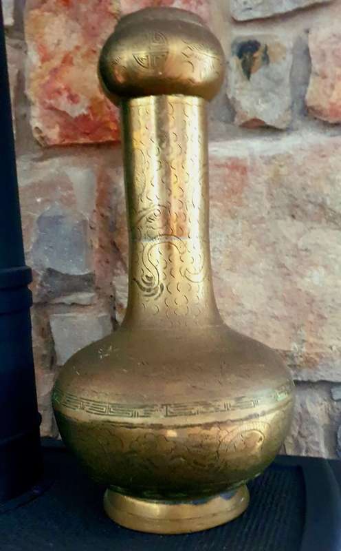 Chinese Embossed Dragon Heavy Solid Brass Vase