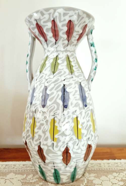 Vintage Retro Italy Bitossi Piume Multicolored Vase/Urn Feather Pattern Aldo Londi