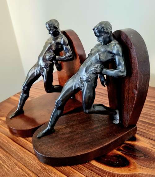 pair of Art Deco spelter bookends styled in R. Vramant, France  Circa 1930`s