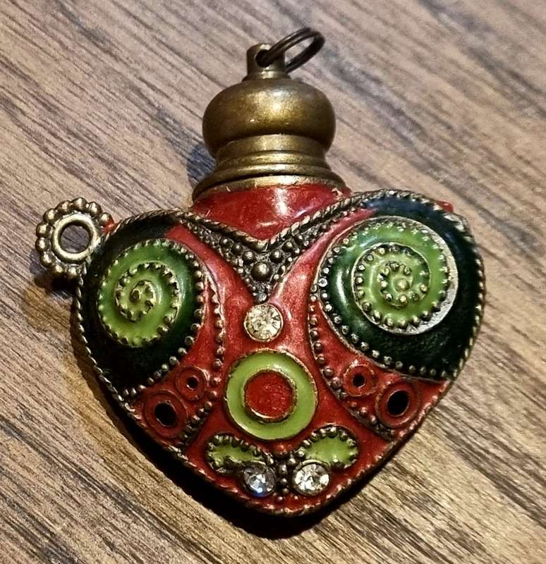 Heart Shaped Brass Filigree and Enamel Perfume Bottle