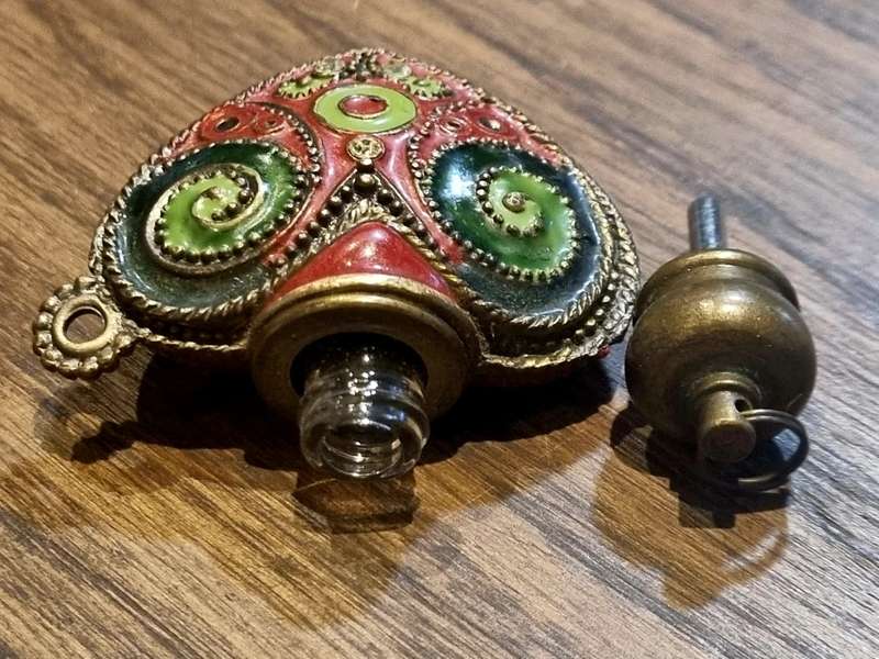 Heart Shaped Brass Filigree and Enamel Perfume Bottle