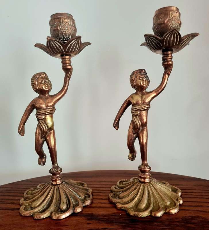 Pair of Brass Cherub Candlestick Holders