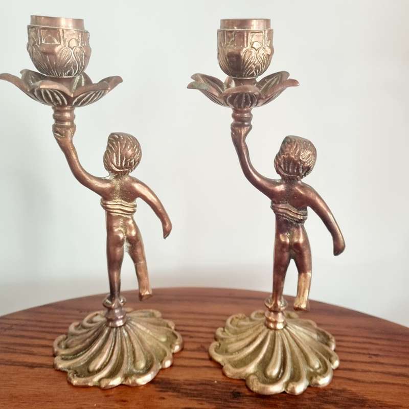 Pair of Brass Cherub Candlestick Holders